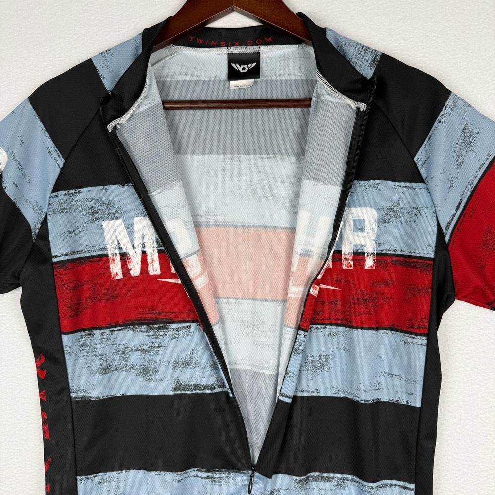 Twin Six Masher Cycling Jersey Mens L Blue Black Striped 3/4 Zip Back Pockets - Picture 6 of 13